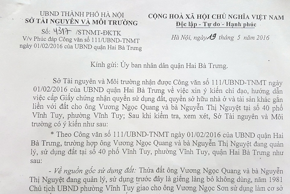 Công văn của Sở Tài nguyên và Môi trường Hà Nội khẳng định hộ ông Quang đủ điều kiện để cấp sổ đỏ.