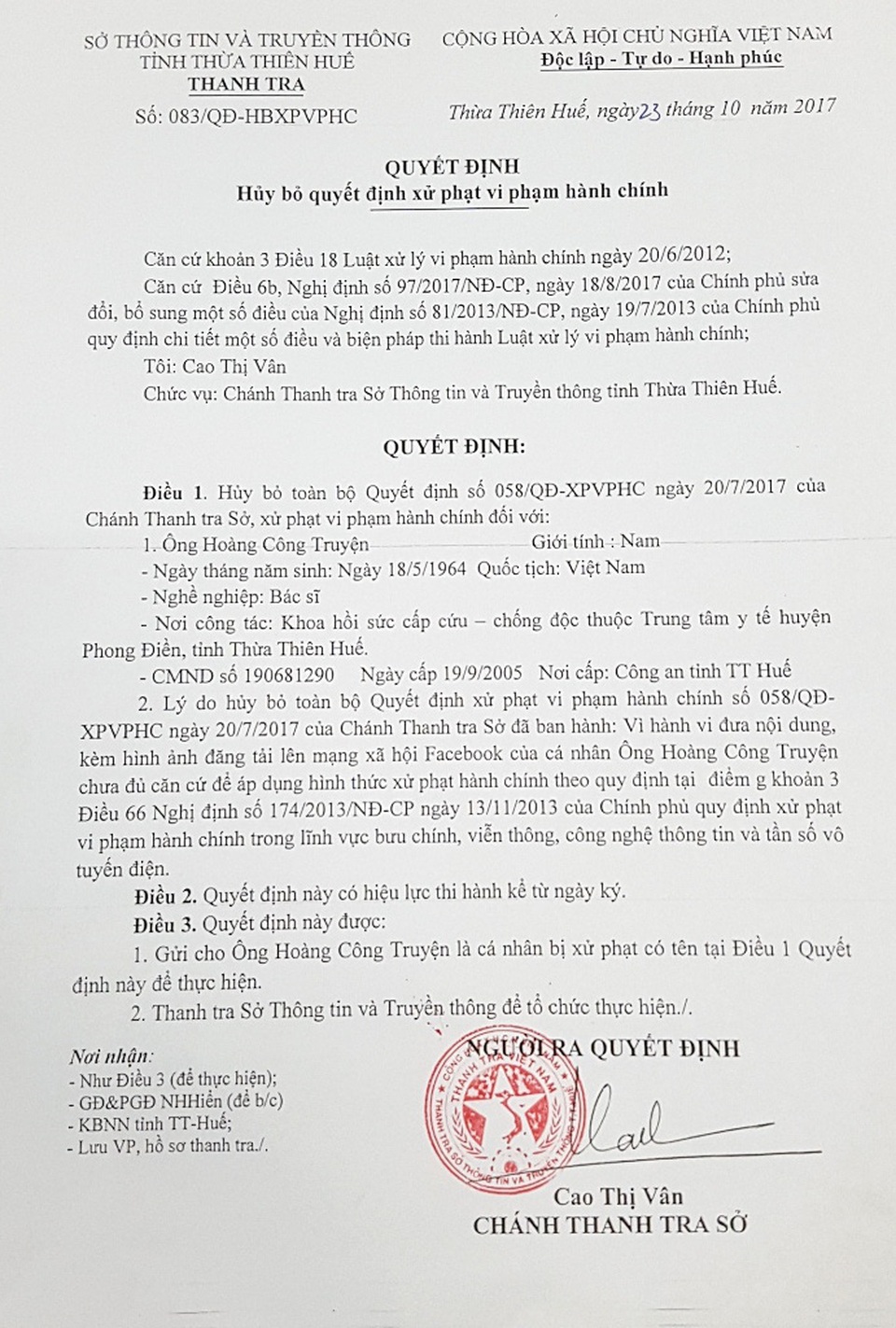 Chính thức rút quyết định xử phạt bác sĩ “nói xấu” Bộ trưởng Y tế - 1 Quyết định ngày 23/10 về việc hủy bỏ toàn bộ quyết định trước đây phạt BS Truyện 5 triệu đồng