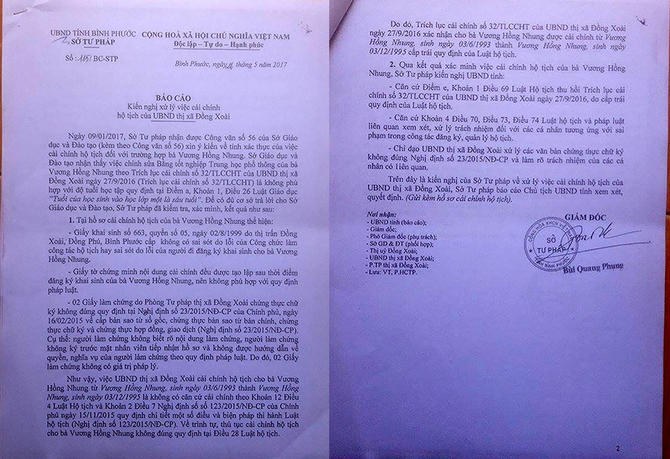 Báo cáo của Sở Tư pháp tỉnh Bình Phước về việc xử lý cải chính hộ tịch của UBND thị xã Đồng Xoài đối với trường hợp của bà Vương Hồng Nhung.