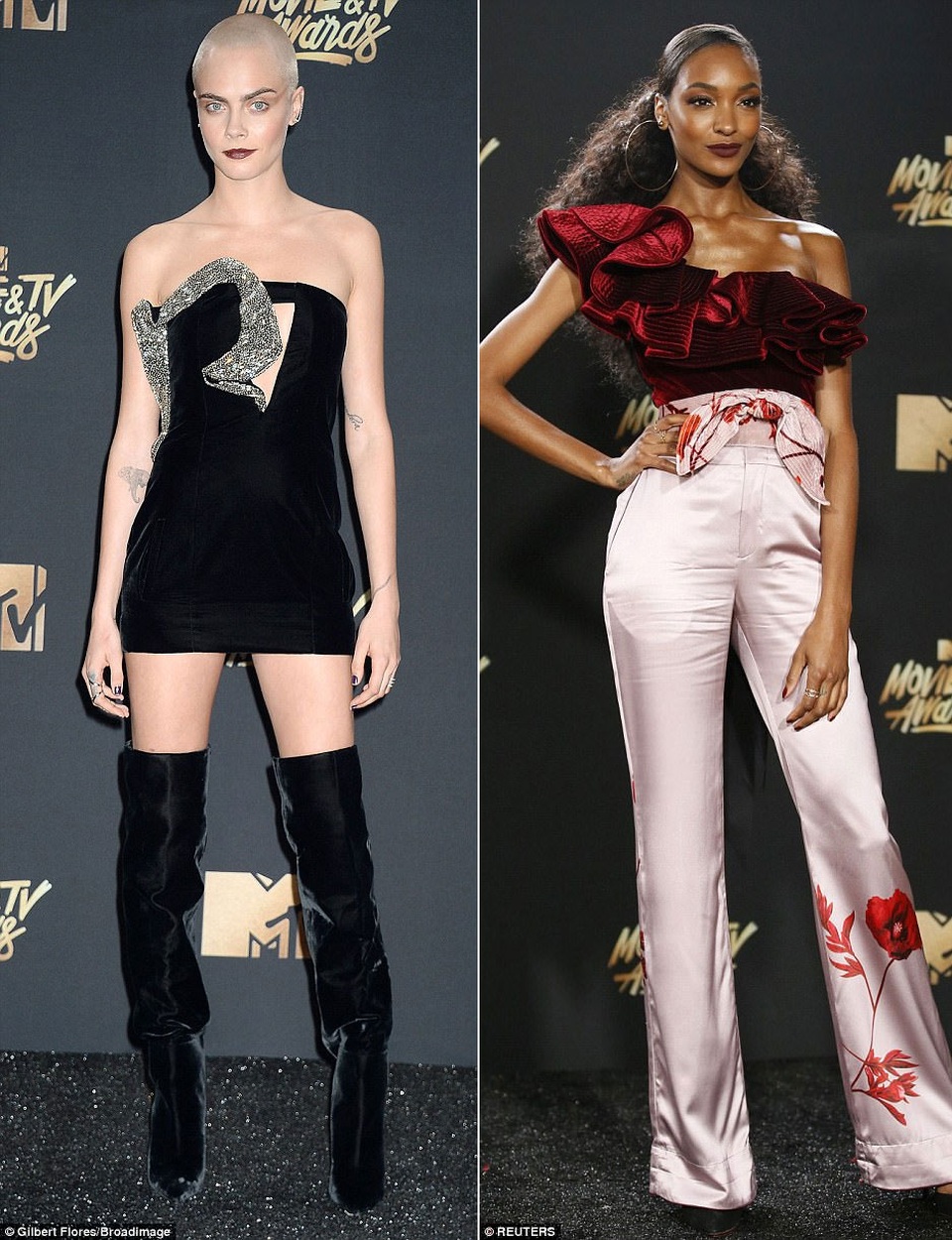 Nghẹt thở với váy áo của mỹ nhân tại lễ trao giải MTV điện ảnh 2017 - 12
Hai siêu mẫu cùng đọ dáng: Cara Delevingne (trái) và Jourdan Dunn