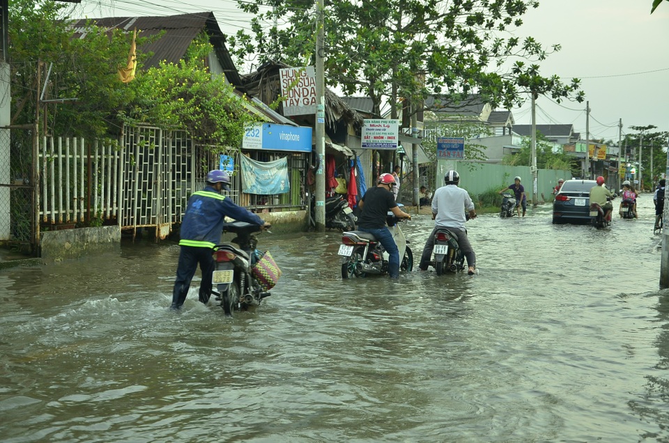 Xe chết máy hàng loạt trên đường do triều cường dâng cao