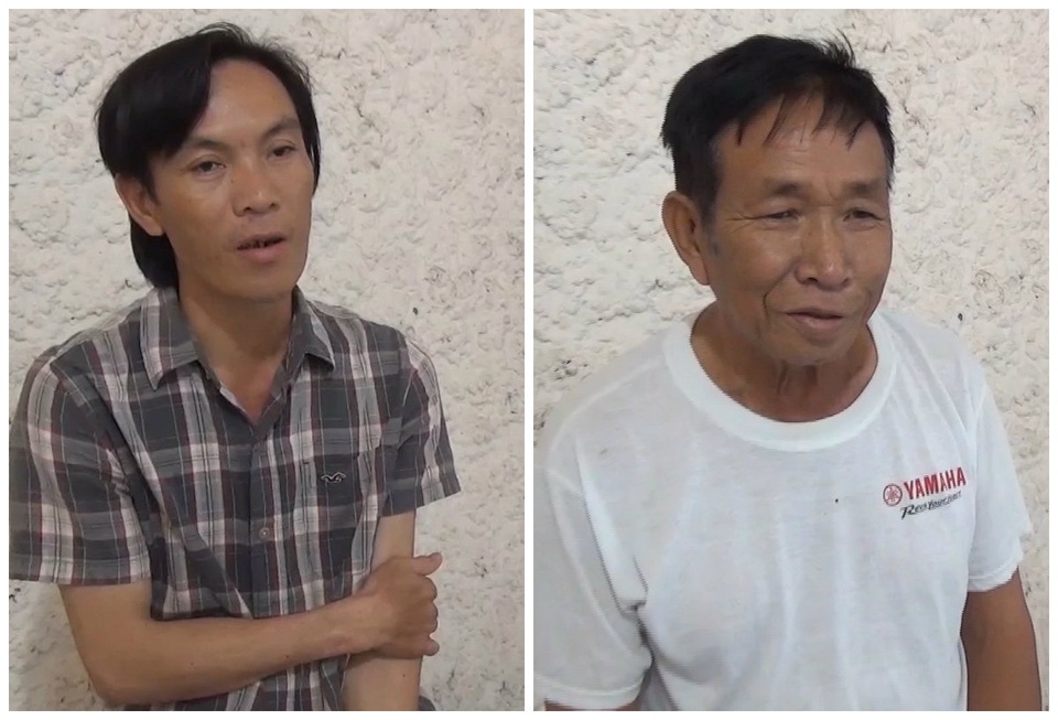 Đối tượng Huỳnh Văn Tài và Lê Văn Cảnh (bên phải) là hai nghi phạm trong vụ trộm 4,2 tấn gạch chì vừa bị công an huyện Châu Thành bắt giữ