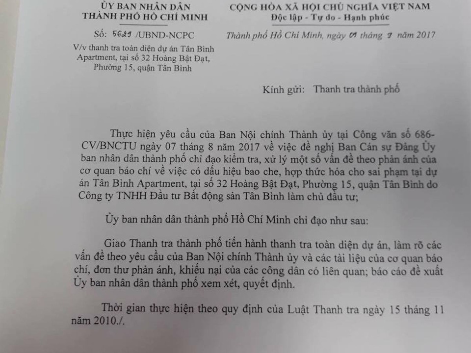 UBND TPHCM đã có văn bản số 5629/UBND – NCPC gửi Thanh tra thành phố yêu cầu thanh tra toàn diện dự án Tân Bình Apartment