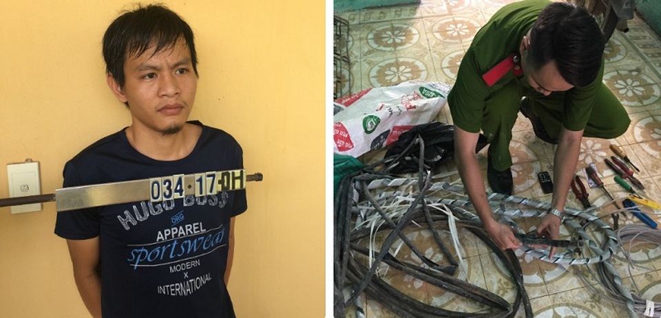 Đối tượng chuyên cắt trộm dây cáp điện sa lưới - 1 Đối tượng Vũ Hồng Thắng cùng tang vật của vụ án bị lực lượng công an bắt giữ