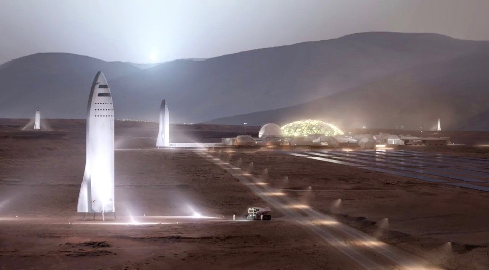 Kế hoạch đưa người lên sao Hỏa và lập căn cứ trên Mặt Trăng của Elon Musk - 2
Hình ảnh minh họa các tàu vũ trụ BFR của SpaceX trên sao Hỏa.