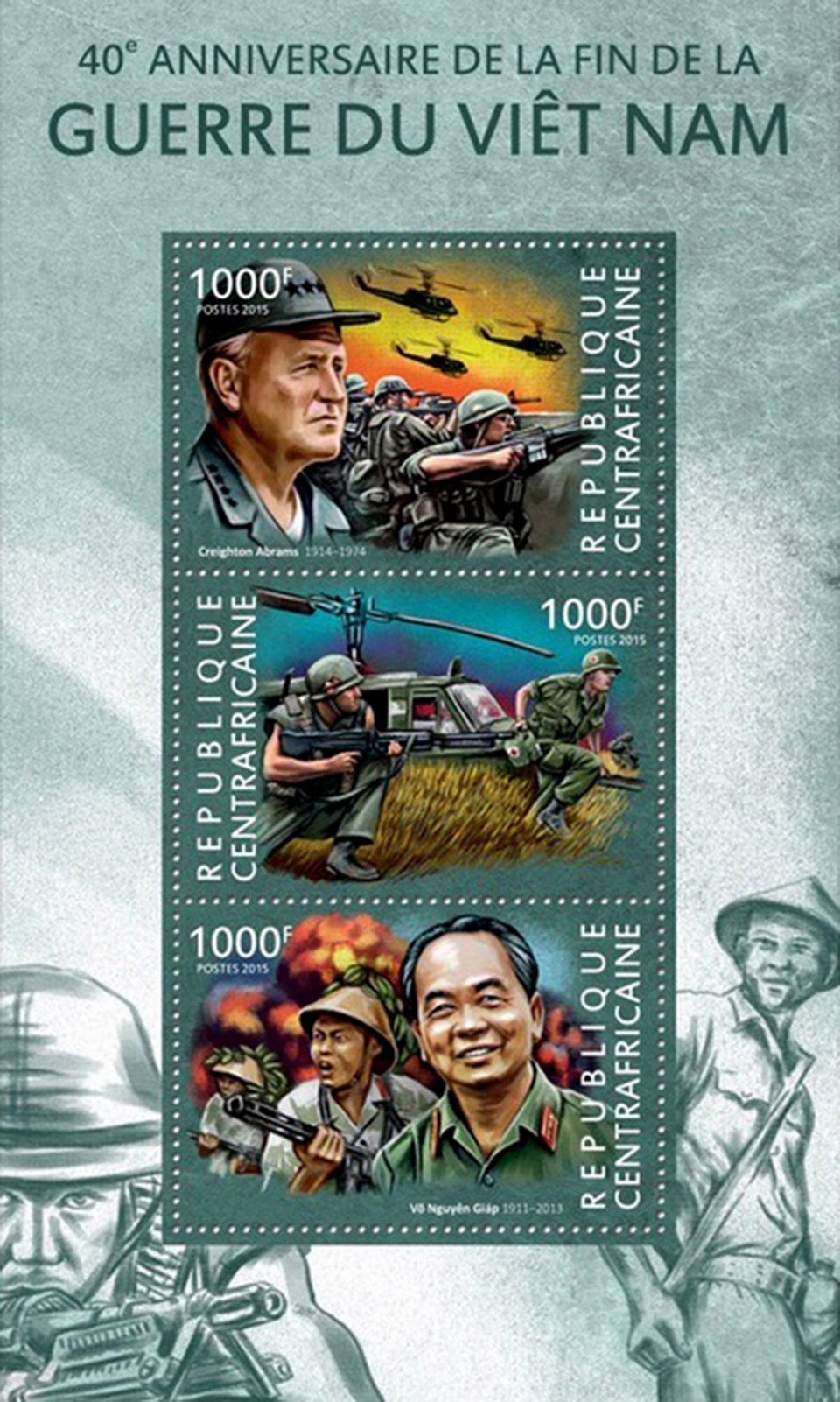 Bộ tem “Kỷ niệm 40 năm kết thúc chiến tranh Việt Nam” gồm 2 bloc. Block thứ nhất chứa 3 tem giá mặt 1.000F lần lượt thể hiện các hình ảnh: chân dung Đại tướng Hoa Kỳ Creigton Abrams (1914-1974) cùng những người lính viễn chinh Hoa Kỳ và trực thăng đổ bộ trên chiến trường Việt Nam, chân dung Đại tướng Võ Nguyên Giáp (1911-2013) cùng những người lính Cụ Hồ. Trên lề block là hình ảnh hai người lính ở hai đầu chiến tuyến.