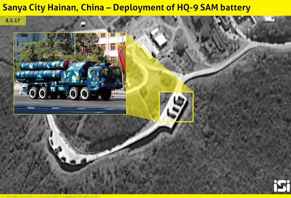 Trung Quốc triển khai tên lửa tới Hải Nam, bị nghi đang lập vùng cấm bay ở Biển Đông - 1 Các tên lửa đất đối không HQ-9 được nhìn thấy xuất hiện trên đảo Hải Nam trong bức ảnh vệ tinh chụp ngày 8/5 (Ảnh: ISI)