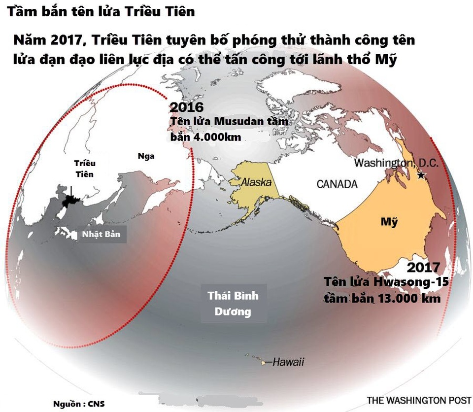 Tầm bắn của tên lửa Hwasong-15 ước tính khoảng 13.000 km, đặt toàn bộ lục địa Mỹ vào tầm ngắm (Nguồn: Washington Post)