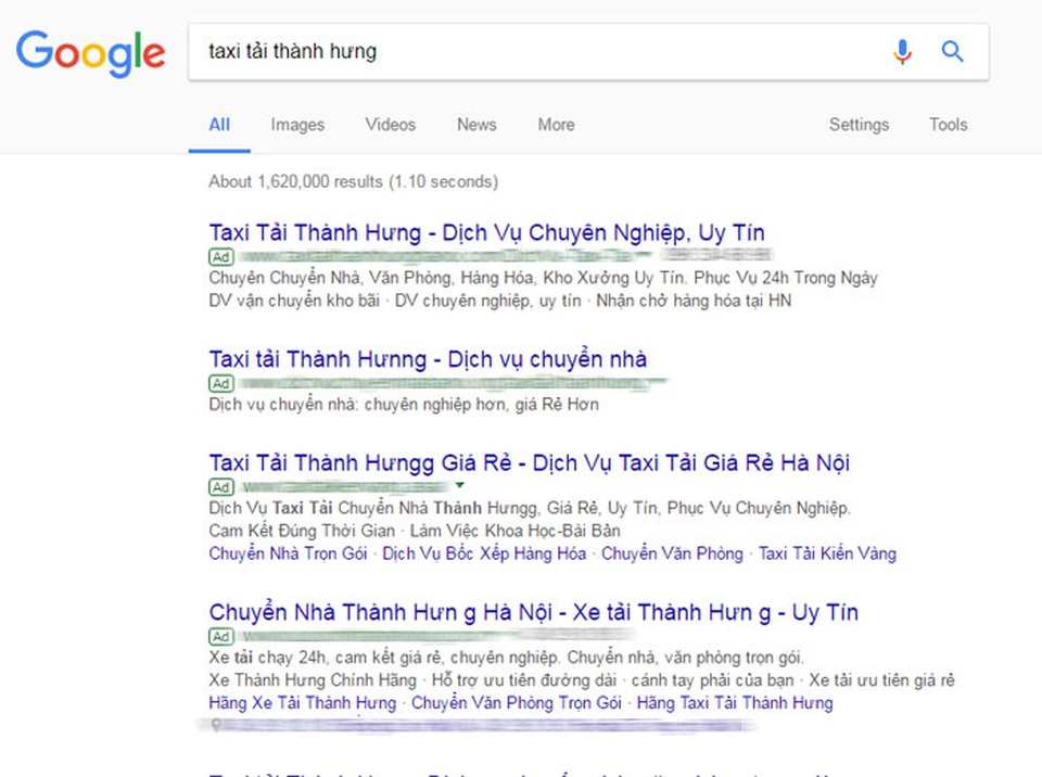 Cảnh báo: Gọi nhầm dịch vụ giả, mất đồ thật! - 1 Ảnh chụp màn hình, toàn bộ quảng cáo cho từ khóa “taxi tải Thành Hưng” đều là giả mạo