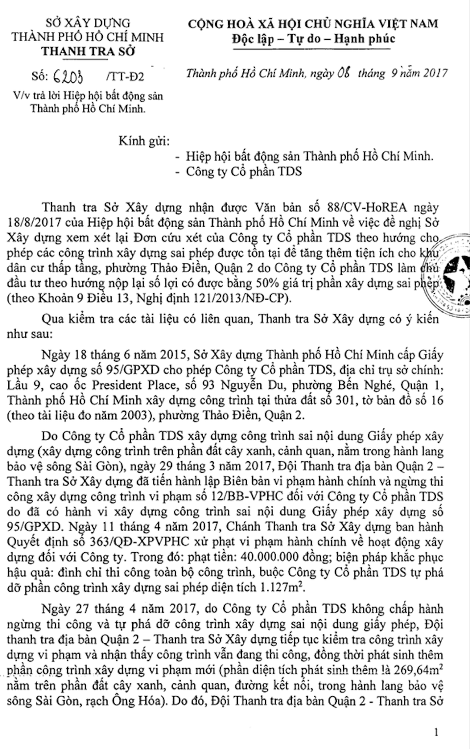 "Giải cứu" Thảo Điền Saphire: Bác đơn “xin tha” của HoREA - 2 Sở Xây dựng TPHCM vừa có văn bản số 6203/TT-Đ2 bác đề nghị giải cứu sai phạm của HoREA