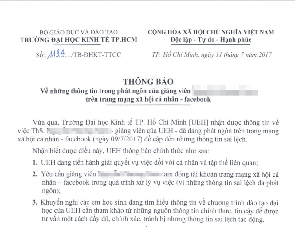 Phát ngôn sai lệch trên Facebook, một giảng viên bị nhắc nhở - 1 Thông báo của trường ĐH Kinh tế TPHCM về phát ngôn của giảng viên trên mạng xã hội