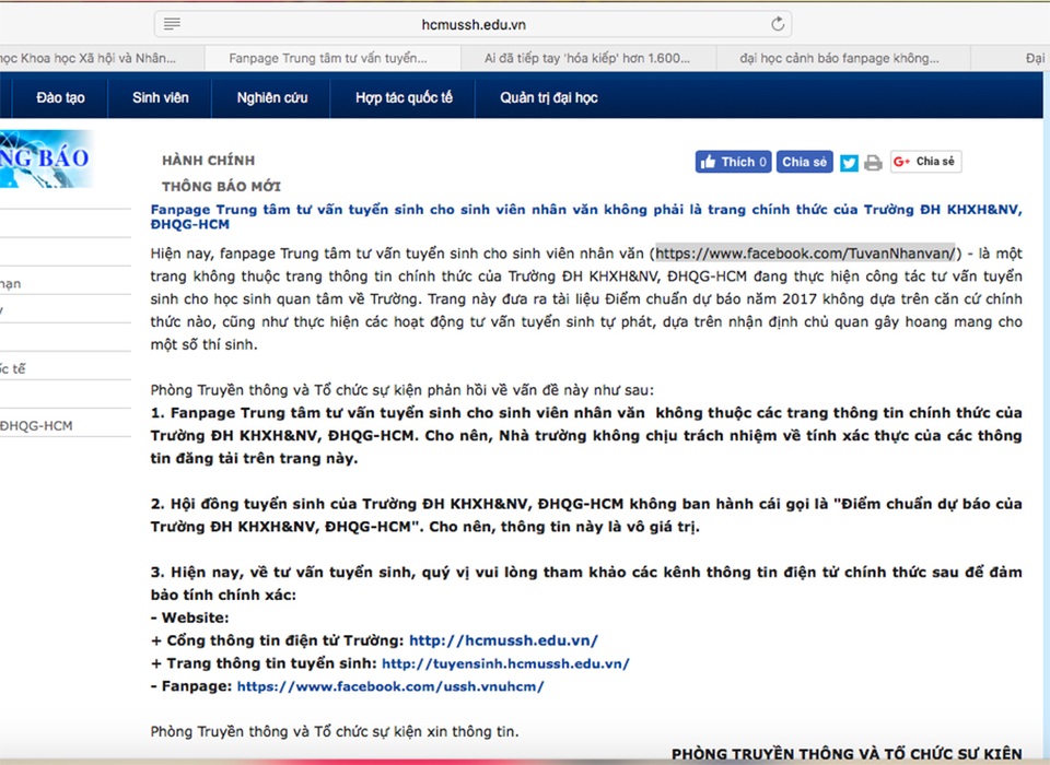 Fanpage đăng thông tin thiếu chính xác về trường ĐH KHXH & NV TPHCM - 1 Trường ĐH Khoa học xã hội và Nhân văn TP.HCM ra cảnh bảo về trang fanpage không phải của trường