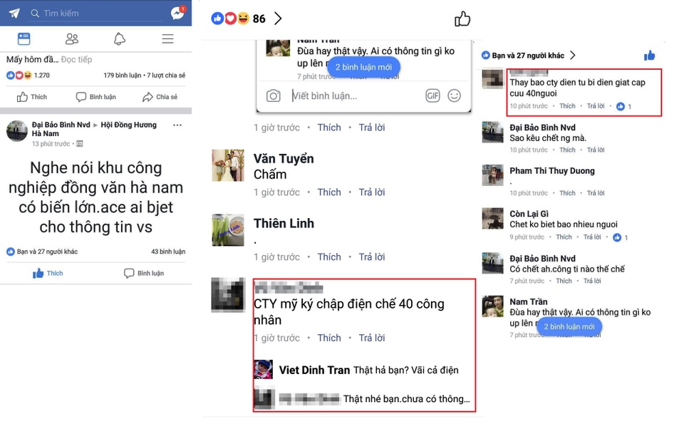 
Thông tin lan truyền trên Facebook về việc điện giật 40 công nhân trong công ty mỹ ký ở Khu công nghiệp Đồng Văn (ảnh chụp màn hình Facebook)
