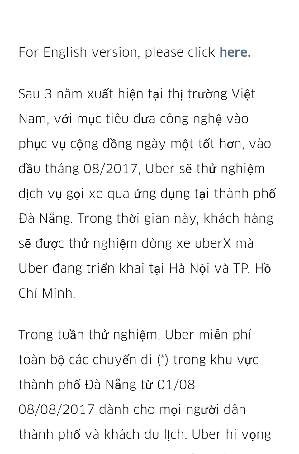 
Thông tin Uber thí điểm tại Đà Nẵng được đăng tải trên mạng 
