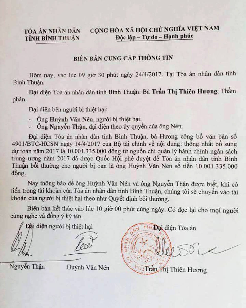 Bộ Tài chính chi hơn 10 tỷ đồng bồi thường ông Huỳnh Văn Nén - 2 Biên bản cung cấp thông tin của TAND tỉnh Bình Thuận về việc Bộ Tài chính chi hơn 10 tỷ đồng bồi thường oan sai.