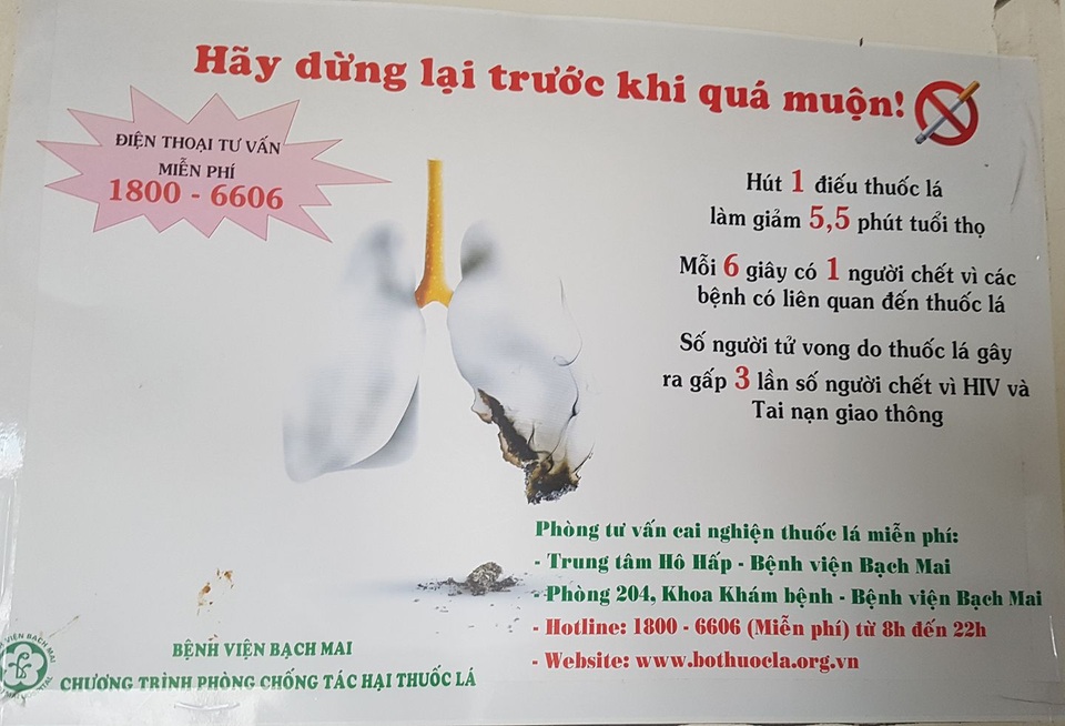 Mang hình ảnh “sốc” về tác hại thuốc lá tuyên truyền cho người nhà bệnh nhân - 3 Tờ rơi tuyên truyền về tác hại thuốc lá được treo ở nhiều nơi. Ảnh: H.Hải