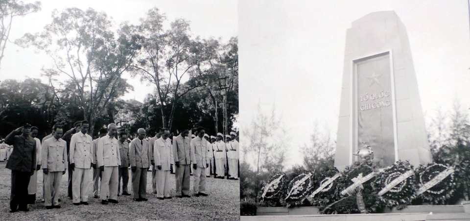 Chủ tịch Hồ Chí Minh cùng các đồng chí lãnh đạo Đảng và Nhà nước đặt vòng hoa và viếng các liệt sĩ tại Đài Liệt sĩ Hà Nội năm 1958.