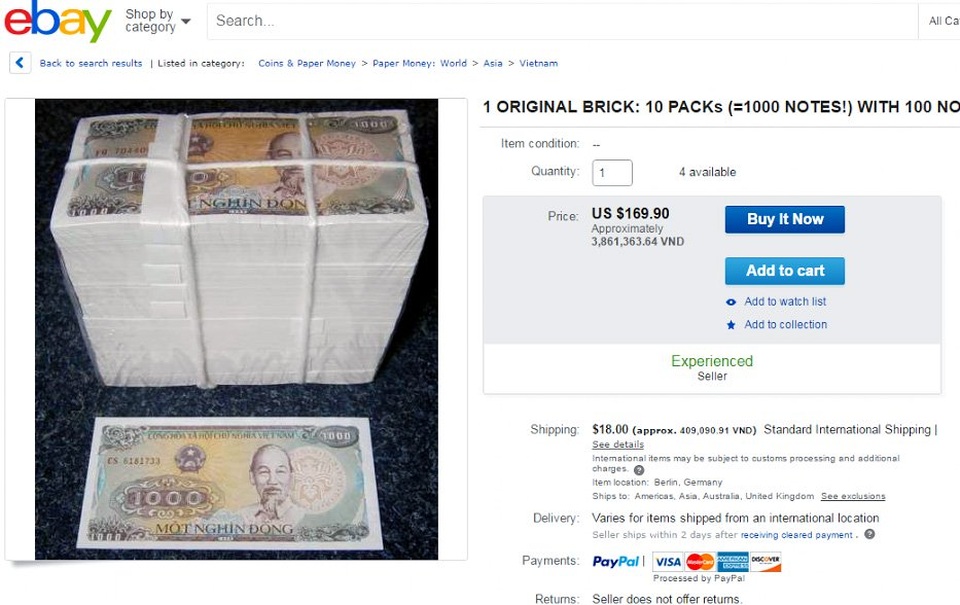 Tiền cũ 1 đồng Việt Nam rao bán 45 triệu đồng trên eBay - 1
Một cọc 1.000 tờ 1.000 đồng có giá gần 4 triệu đồng