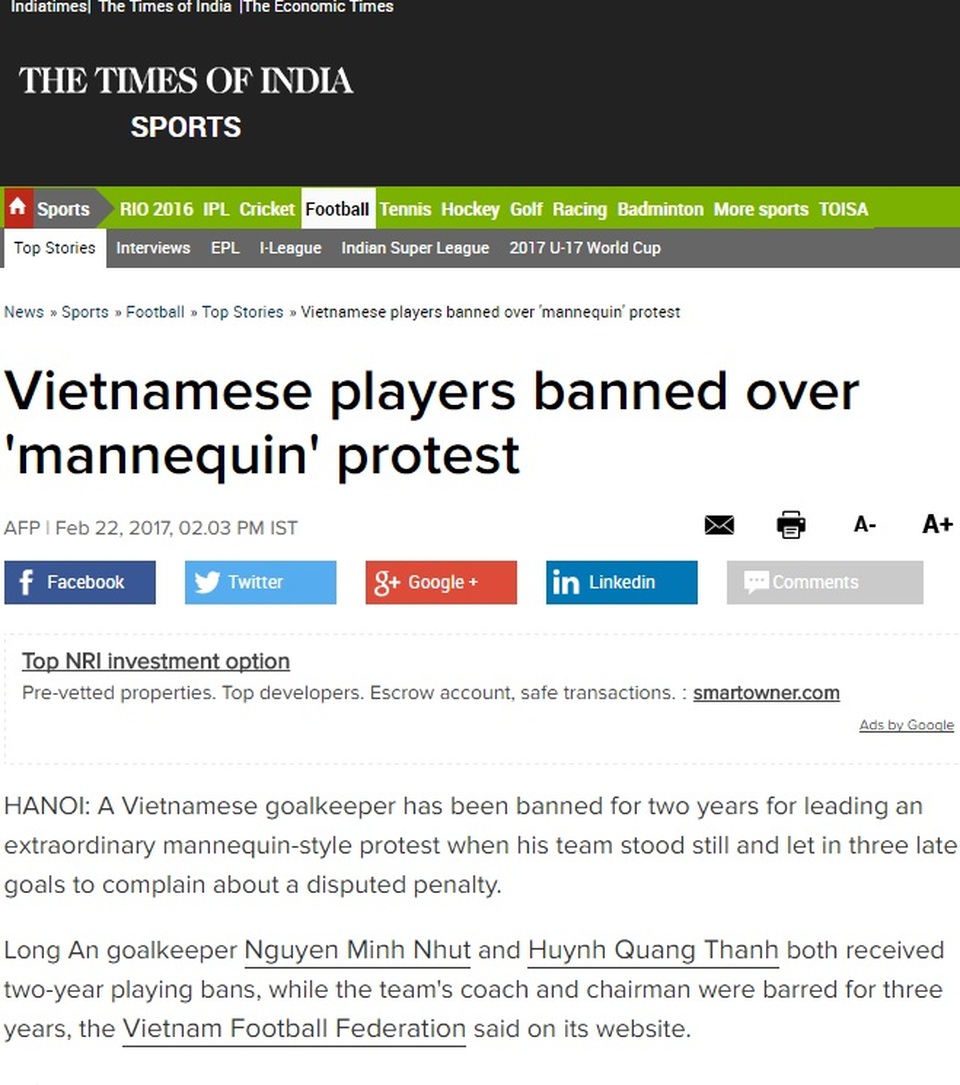 Báo chí thế giới nói gì về án treo giò của VFF với thủ môn Minh Nhựt? - 1 Tờ India Times đưa tin về án phạt của Minh Nhựt