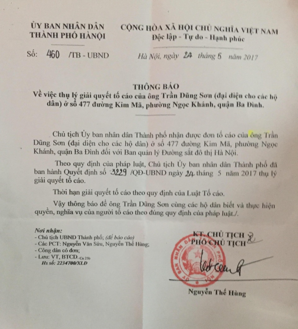 Vụ tố ga ngầm đường sắt đô thị sai chuẩn: Đang giải quyết đơn tố cáo - 1 Văn bản thông báo thụ lý đơn tố cáo Ban Quản lý Đường sắt đô thị Hà Nội.