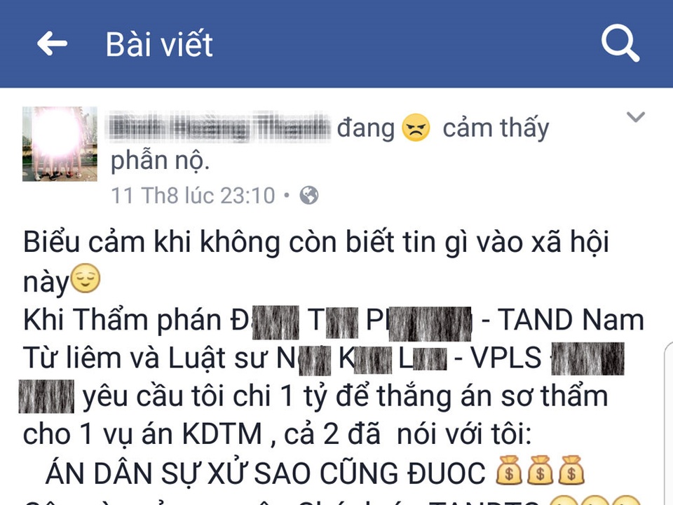 Công an đang làm rõ tố cáo “1 tỷ thắng sơ thẩm, 3 tỷ thắng phúc thẩm” - 1 Thông tin tố cáo thẩm phán và luật sư trên Facebook Bình Hoàng Thanh.