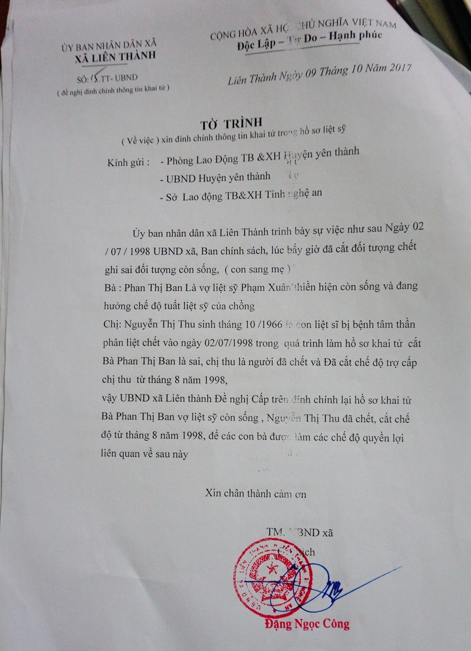 Con qua đời, vợ liệt sĩ bị khai tử - 7 Tờ trình của UBND xã Liên Thành đề nghị đính chính thông tin khai tử trong hồ sơ liệt sĩ Phan Xuân Thiền
