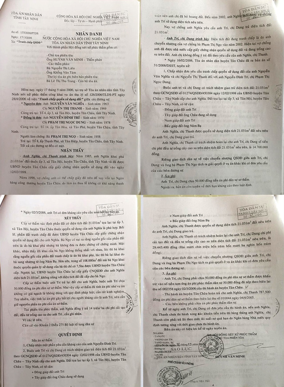 Thêm một bản án có hiệu lực hơn 11 năm chưa được thi hành án, dân "kêu trời"! - 3 Bản án 133/2006/PTDS ngày 17/5/2006 về vụ Tranh chấp quyền sử dụng đất giữa vợ chồng ông Nguyễn Văn Nghĩa và vợ chồng ông Nguyễn Đình Trí (cùng ngụ huyện Tân Châu, tỉnh Tây Ninh).