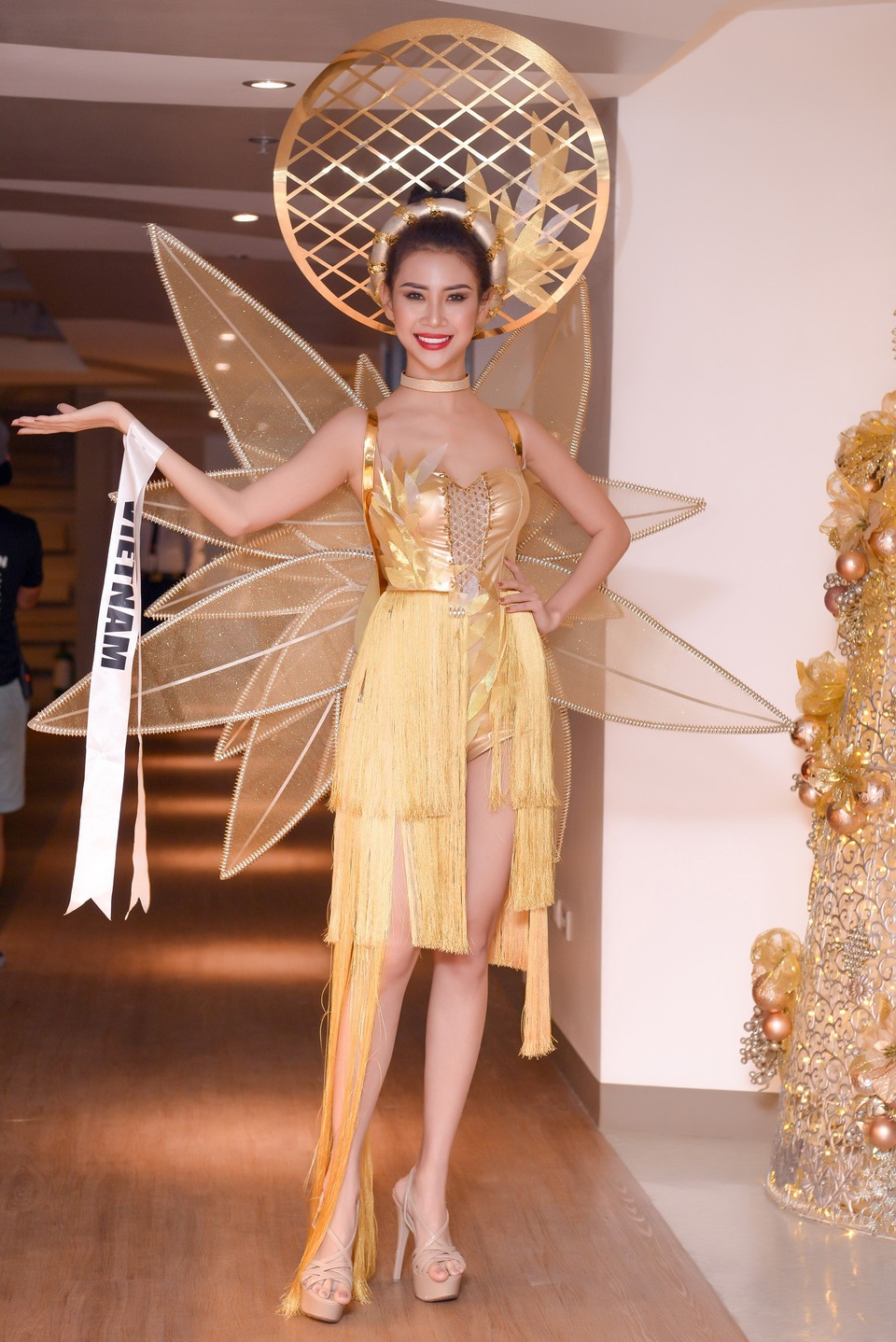 Trước đó, trong đêm bán kết, cô cũng xuất hiện đầy tự tin và rạng rỡ khi tham gia phần thi trang phục truyền thống. Người đẹp gây ấn tượng khi lựa chọn bộ trang phục mang ý tưởng từ Chuồn Chuồn Tre.