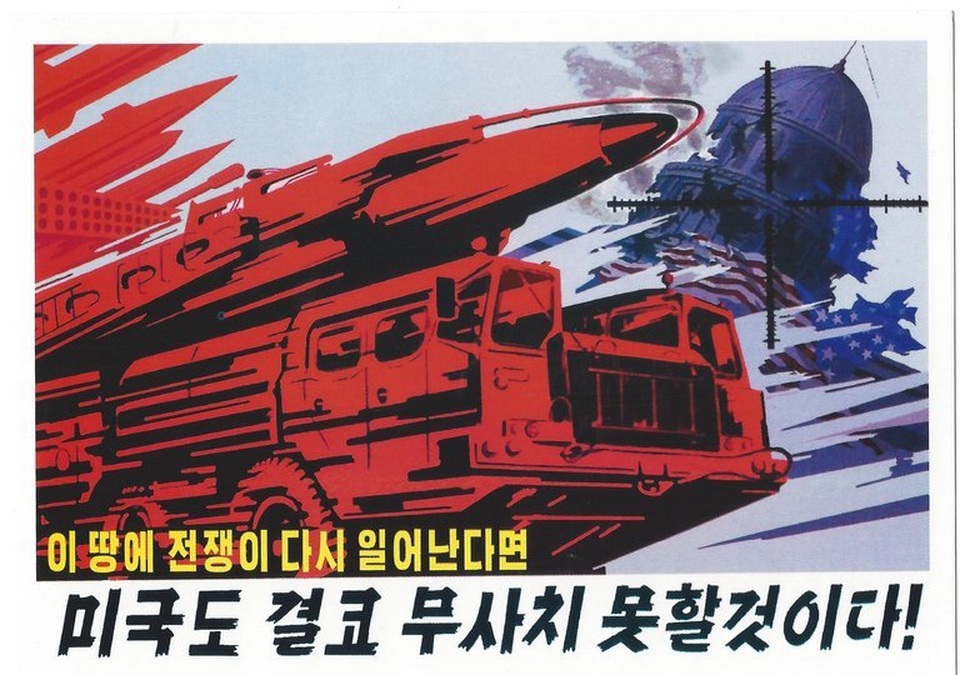 Tổng thống Trump "khẩu chiến" với Triều Tiên: Nguy cơ “gậy ông đập lưng ông” - 1 Tranh cổ động của Triều Tiên với khẩu hiệu: Nếu chiến tranh xảy ra trên đất nước chúng ta một lần nữa, nước Mỹ sẽ không còn an toàn (Ảnh: New York Times)