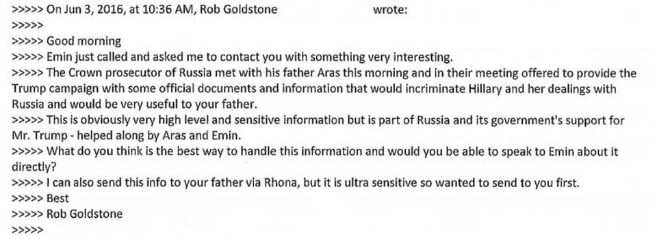 Con trai ông Trump từng hoan nghênh việc Nga giúp đỡ trong bầu cử Mỹ - 2 Một trong số các email được Donald Trump Jr. công bố trên Twitter ngày 11/7 về cuộc gặp với luật sự Nga (Ảnh: Twitter)