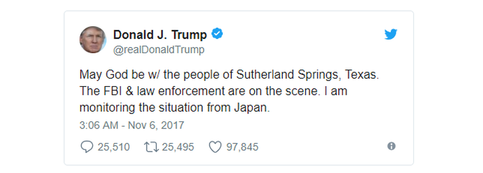 Xả súng ở nhà thờ Mỹ, ít nhất 25 người chết - 9
Dòng tweet của Tổng thống Trump cho biết ông đang theo dõi sát vụ việc mặc dù đang công du châu Á. (Ảnh: Twitter)