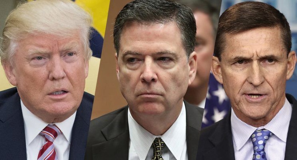Ông Trump phủ nhận yêu cầu giám đốc FBI ngừng điều tra mối liên hệ với Nga - 1 Từ trái qua phải: Tổng thống Donald Trump, cựu Giám đốc FBI James Comey và cựu Cố vấn An ninh Quốc gia Michael Flynn (Ảnh: Getty)