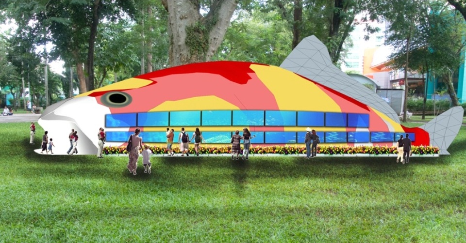 Gà đuôi dài 6 tấc, mai tán rộng 3,5 mét "khoe dáng" tại hội hoa xuân - 4 Khách sẽ được tham quan trong bụng cá để chiêm ngưỡng những loại cá mới như Anh Vũ, cá thần (Thanh Hóa), cá beta (có bộ đuôi dài và sặc sỡ)…