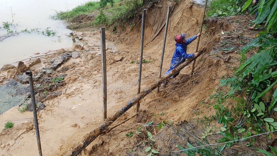 Lũ cuốn bờ sông trước trường, học sinh phải đi “xuyên tường” hàng xóm - 12
Gia cố tạm thời bờ sông bị sạt lở trước trường Tiểu học Hương Thọ 1.