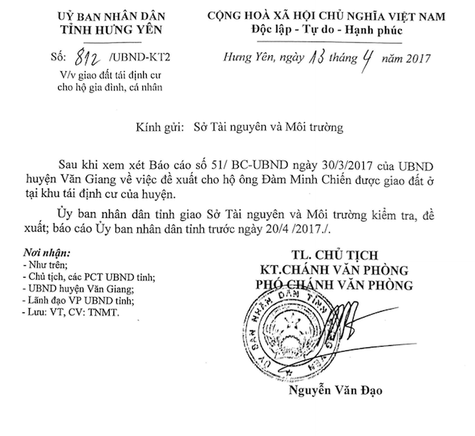 
UBND tỉnh Hưng Yên chỉ đạo giải quyết vụ việc.
