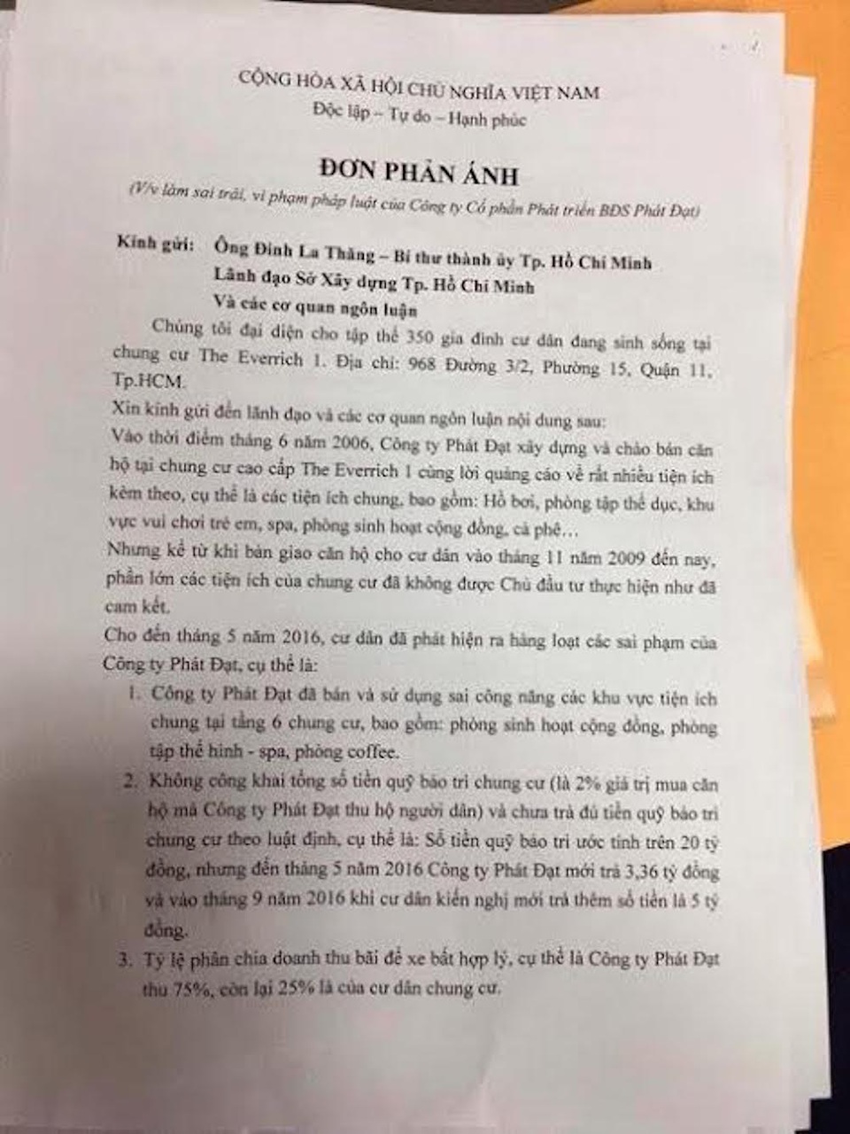 350 hộ dân chung cư The Everrich 1 đệ đơn “cầu cứu” Bí thư Thăng - 1 Đơn của cư dân cầu cứu Bí thư Thăng