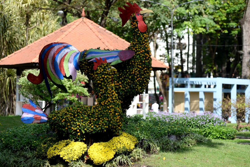 Năm Đinh Dậu, hội hoa xuân sẽ lấy hình ảnh con gà làm chủ đạo ở các khu vực. Tiểu cảnh 2 con gà làm từ cây quất đẹp mắt.