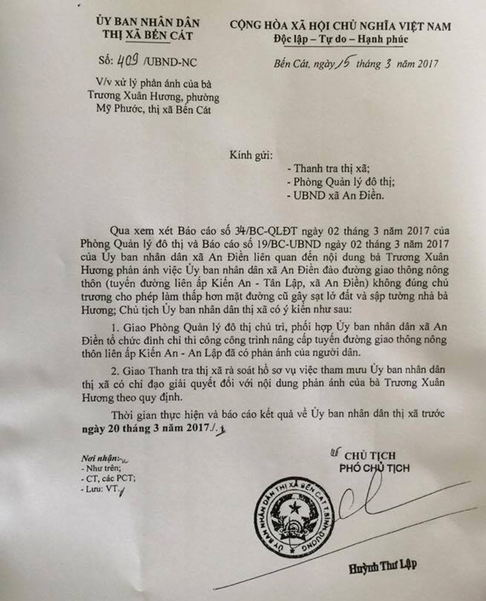 
Văn bản chỉ đạo đình chỉ thi công và thanh tra, ra soát hồ sơ công trình nâng cấp tuyến đường liên ấp Kiến An - Tân Lập của UBND thị xã Bến Cát.
