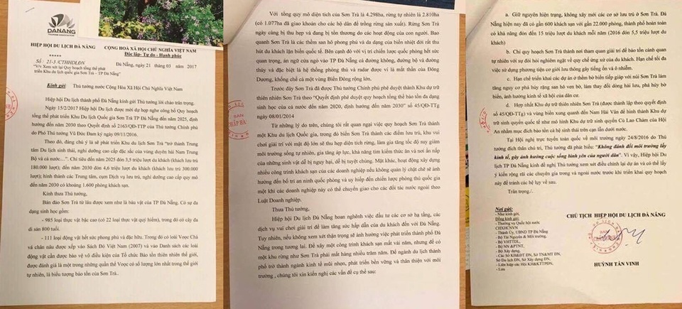 “Tâm thư” gửi Thủ tướng là ý kiến cá nhân Chủ tịch Hiệp hội du lịch Đà Nẵng - 3 Văn bản của Hiệp hội Du lịch Đà Nẵng ký gửi Thủ tướng, kiến nghị xem xét lại quy hoạch khu du lịch quốc gia Sơn Trà do ông ông Huỳnh Tấn Vinh - Chủ tịch Hiệp hội Du lịch Đà Nẵng ký ngày 21/3