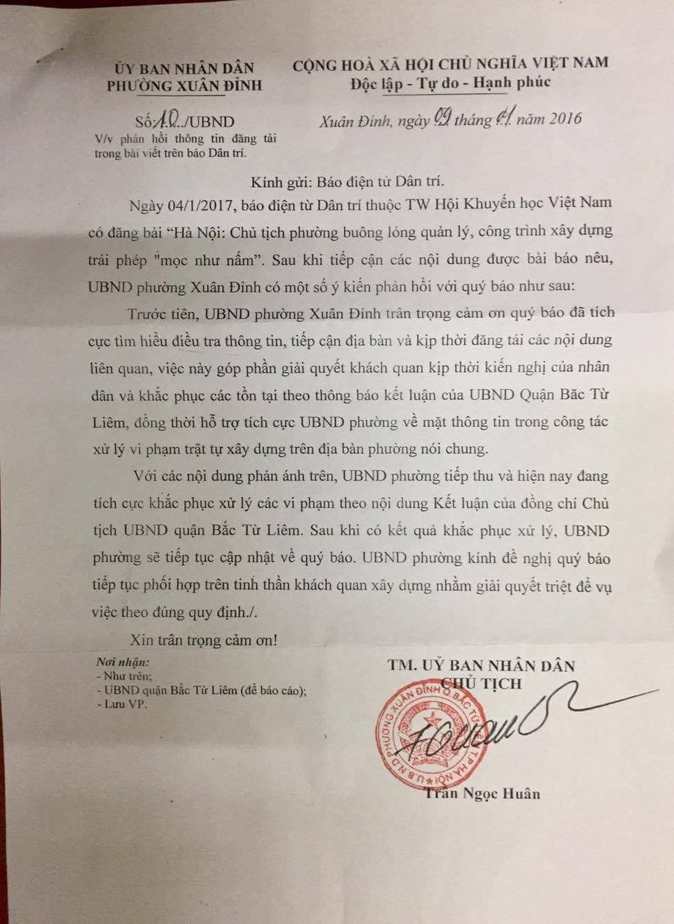 Hà Nội: Đang xử lý vụ chủ tịch phường buông lỏng quản lý, nhà sai phép “mọc như nấm” - 1 Văn bản của UBND phường Xuân Đỉnh gửi Báo Dân trí.