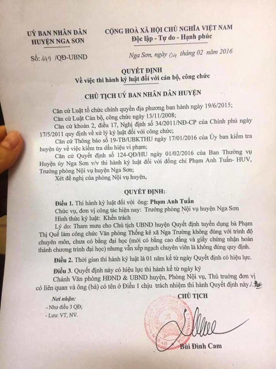 Bị "cú đúp" kỷ luật, vẫn được tái bổ nhiệm trưởng phòng - 1 Quyết định kỷ luật ông Phạm Anh Tuấn