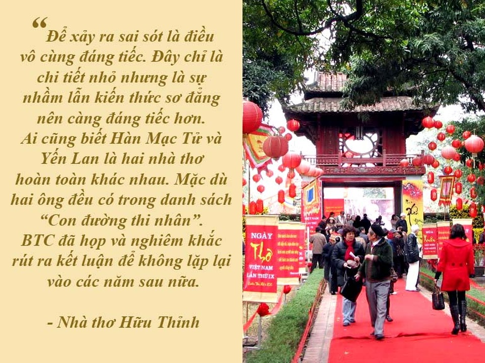 Lùm xùm dán nhãn cho phim và tác quyền nhạc sĩ - 9 Nhà thơ Hữu Thỉnh lên tiếng về nhầm ảnh, sai thơ trong Ngày thơ Việt Nam - Thay mặt cho Hội Nhà văn Việt Nam và Ban tổ chức Ngày thơ Việt Nam lần thứ 15, nhà thơ Hữu Thỉnh đã gửi lời xin lỗi đến độc giả, công chúng và gia đình các nhà thơ về sự cố nhầm ảnh, in sai thơ.