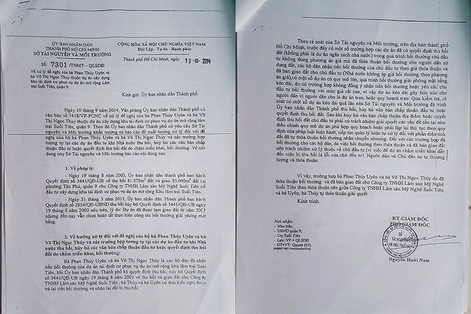 Vụ thu hồi dự án tái định cư của Suối Tiên: Thoái thác trách nhiệm! - 2 Ngày 13/10/2014, Sở TN&MT có Công văn số 7301/TNMT-QLSDĐ gửi UBND TP về việc xử lý đề nghị của mẹ con bà Uyên. Theo đó, Sở này cho rằng trường hợp của mẹ con bà Uyên do đã thỏa thuận bồi thường và đã bàn giao đất cho KDL Suối Tiên theo thỏa thuận nên mẹ con bà Uyên và KDL Suối Tiên tự thỏa thuận giải quyết.