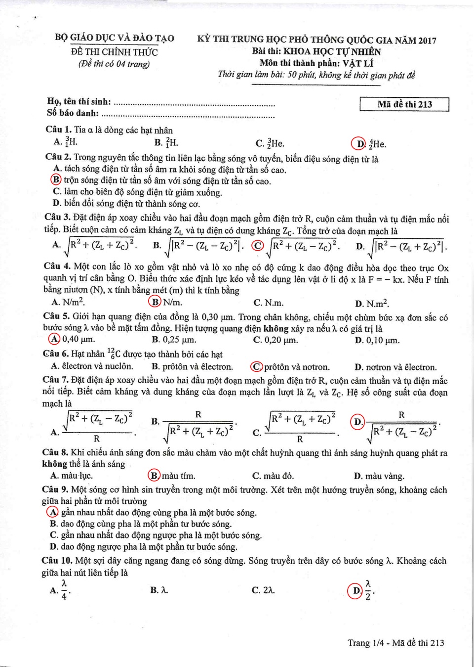 Đáp án tham khảo môn Vật lý mã đề 213 - 1