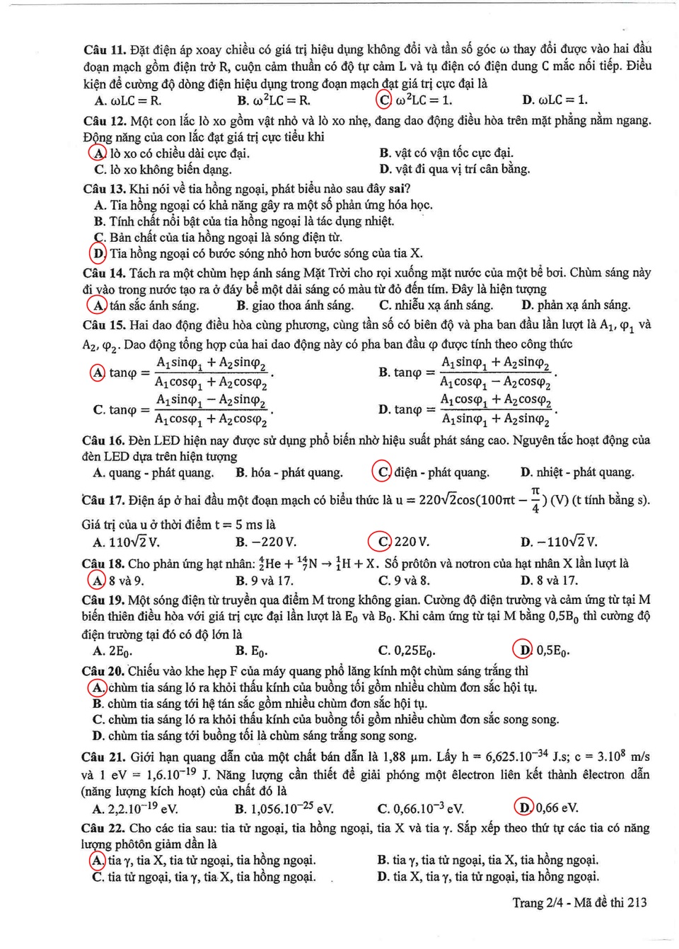 Đáp án tham khảo môn Vật lý mã đề 213 - 2