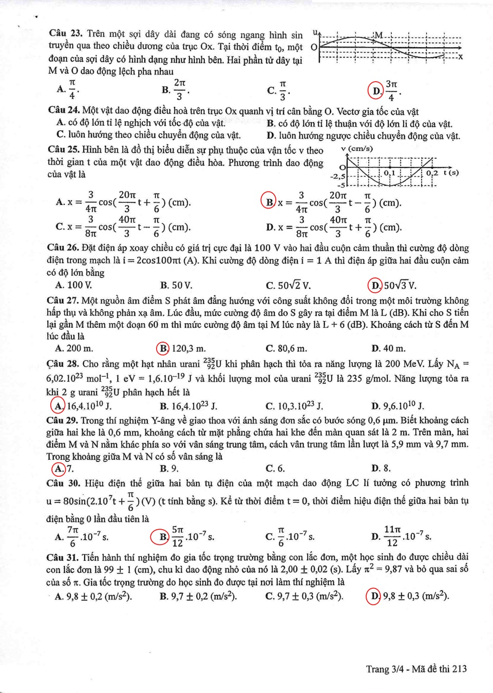 Đáp án tham khảo môn Vật lý mã đề 213 - 3