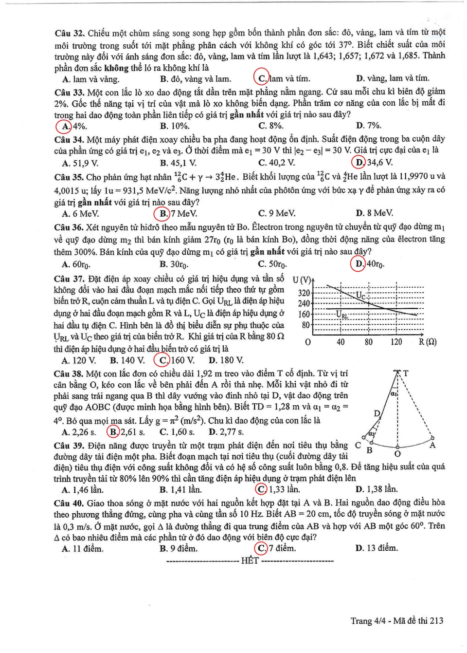 Đáp án tham khảo môn Vật lý mã đề 213 - 4