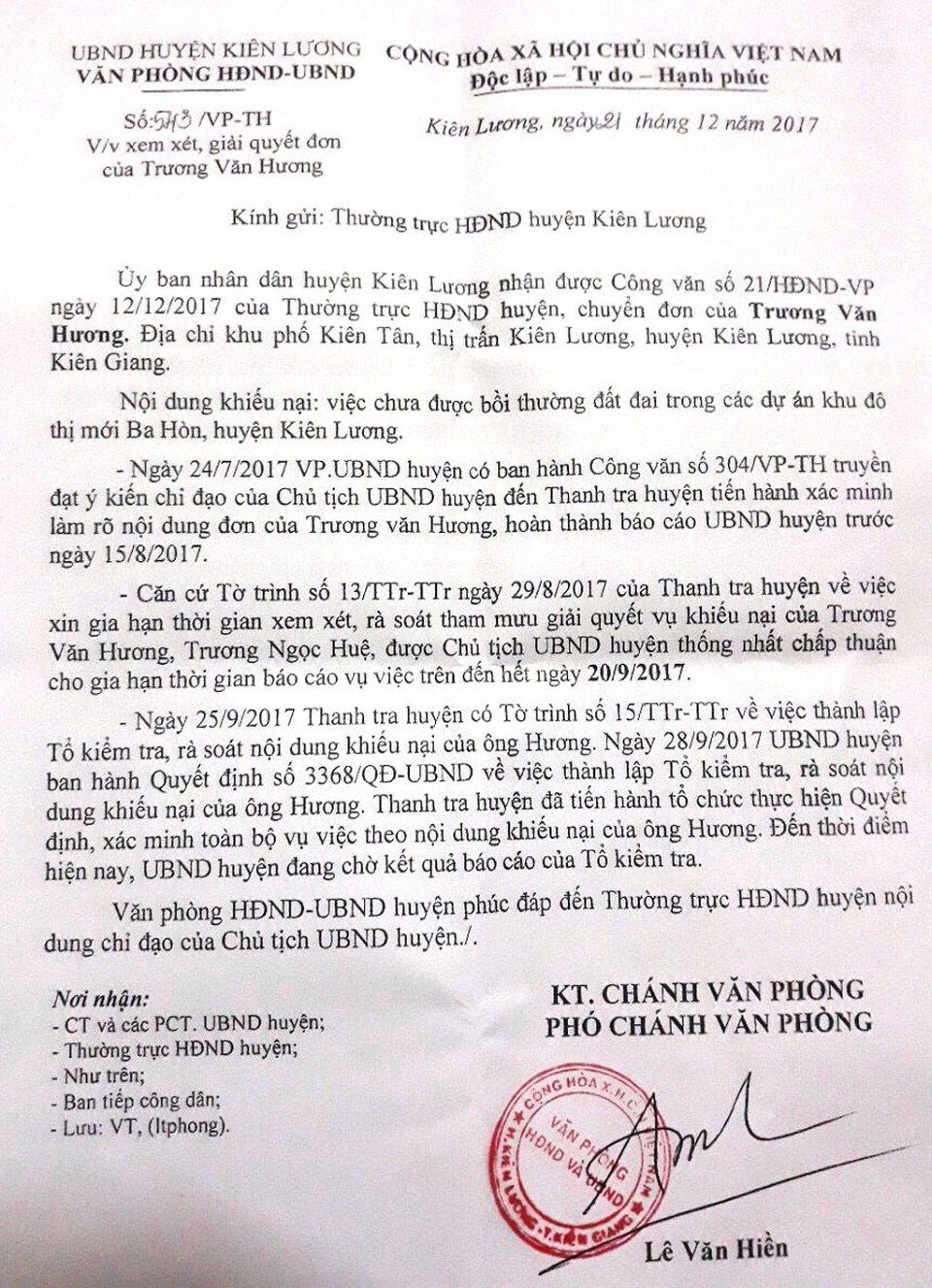 Kiên Giang: HĐND huyện “thúc” Chủ tịch huyện trả lời công dân! - 2 Văn bản trả lời của UBND huyện Kiên Lương cho Thường trực HĐND huyện Kiên Lương xung quanh vụ việc ông Trương Văn Hương