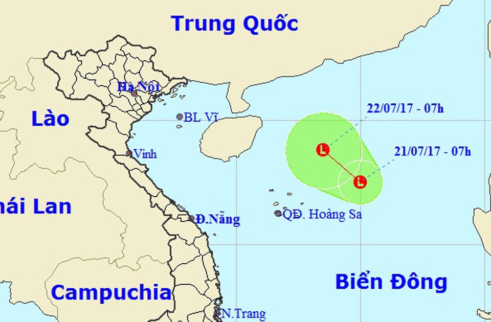 Xuất hiện vùng áp thấp trên Biển Đông - 1 Vị trí và hướng di chuyển của vùng áp thấp nhiệt đới. (Ảnh: NCHMF).