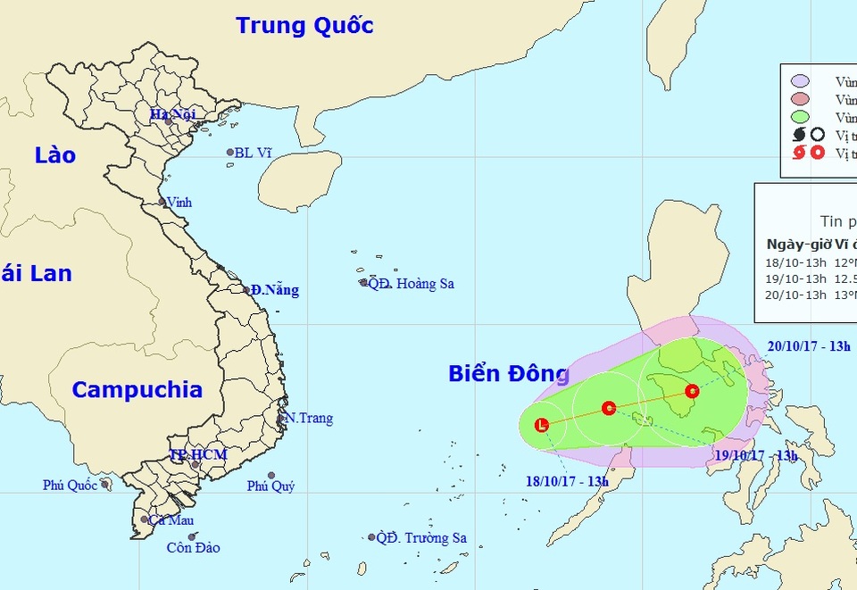 Xuất hiện vùng áp thấp trên Biển Đông - 1 Vị trí và hướng di chuyển của vùng áp thấp nhiệt đới. (Ảnh: NCHMF).